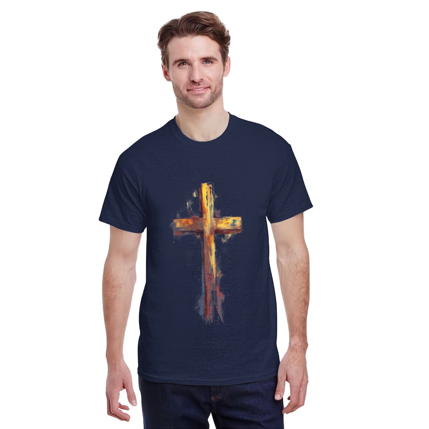 Men's Short  Sleeve Cross Print Crewneck Cotton T Shirt Tee Shirts