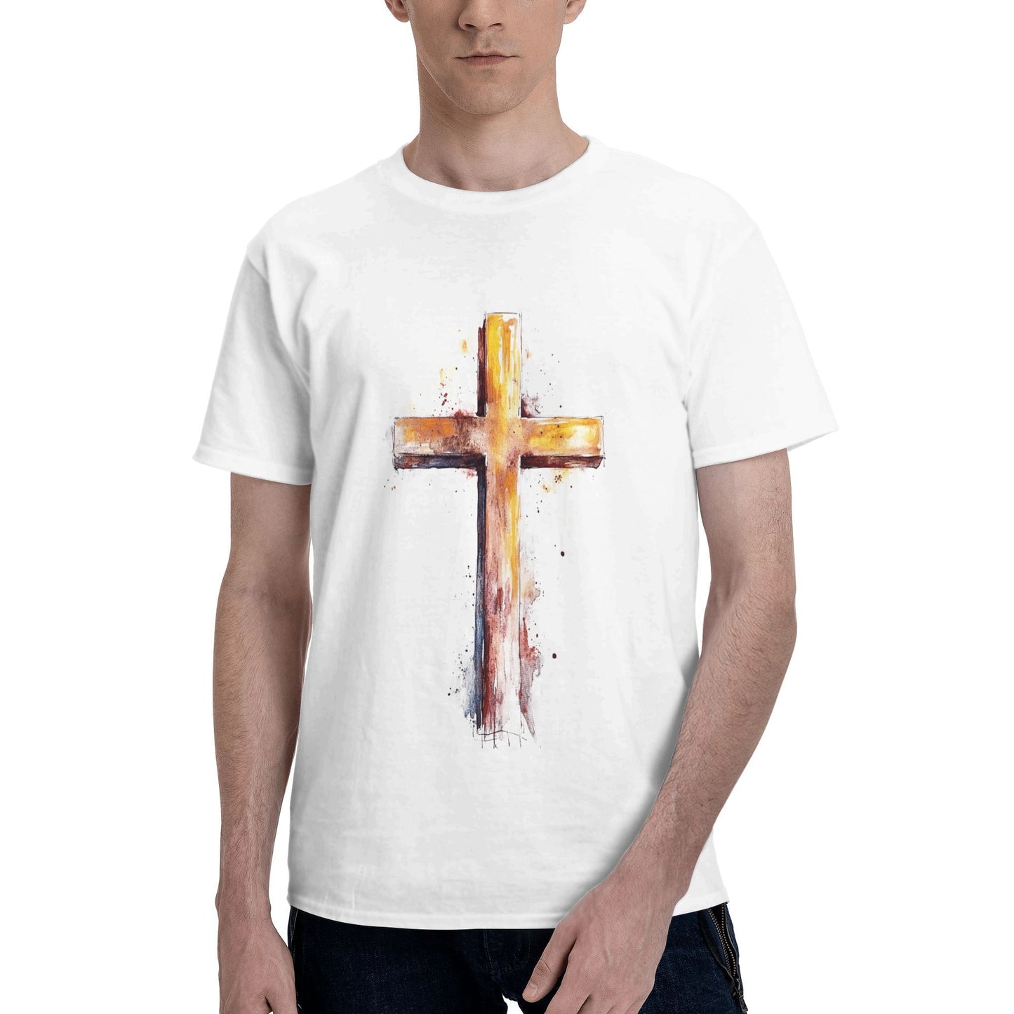 Men's Short  Sleeve Cross Print Crewneck Cotton T Shirt Tee Shirts