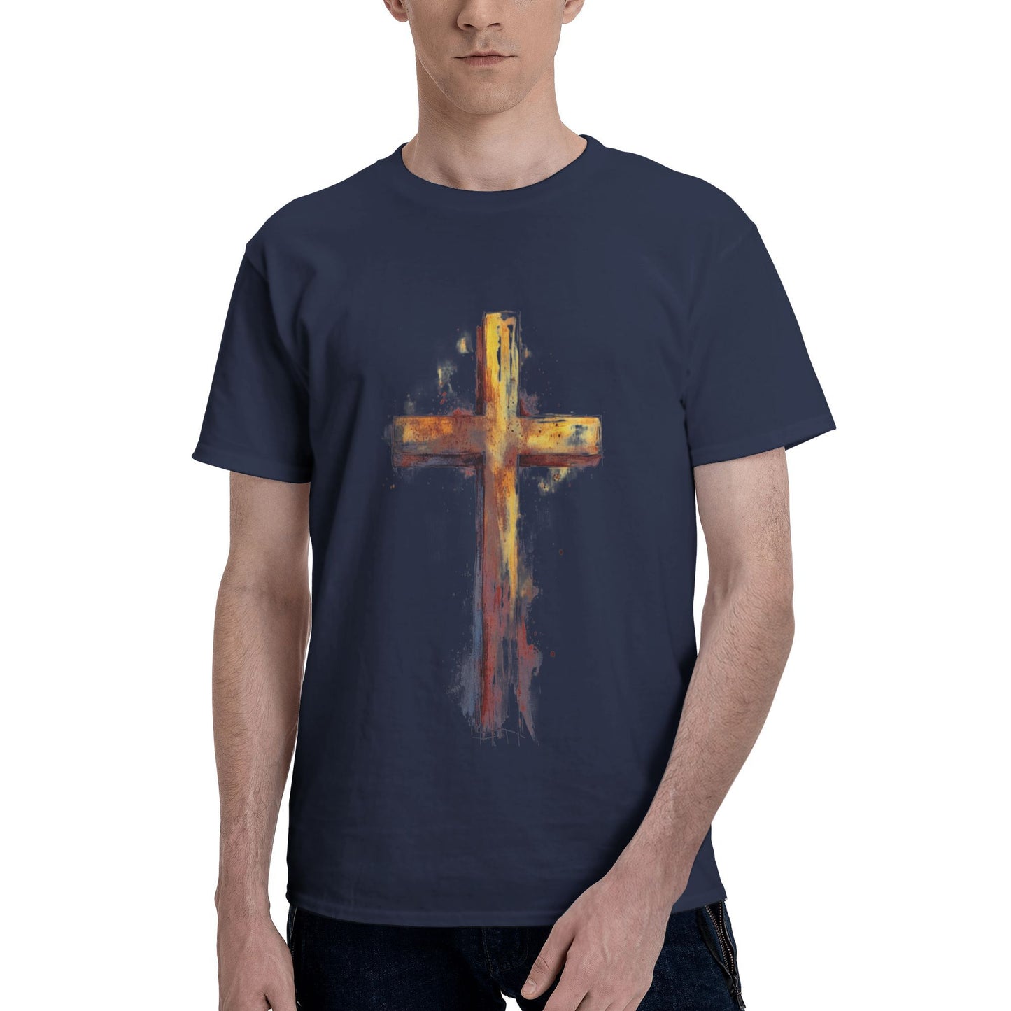 Men's Short  Sleeve Cross Print Crewneck Cotton T Shirt Tee Shirts