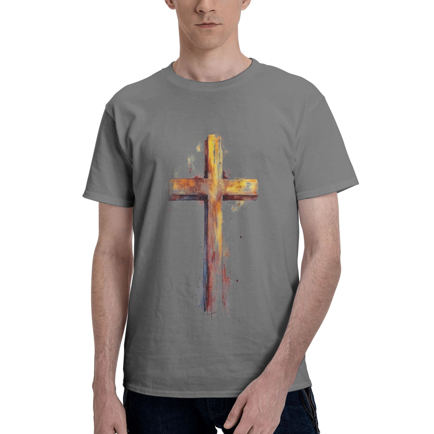 Men's Short  Sleeve Cross Print Crewneck Cotton T Shirt Tee Shirts