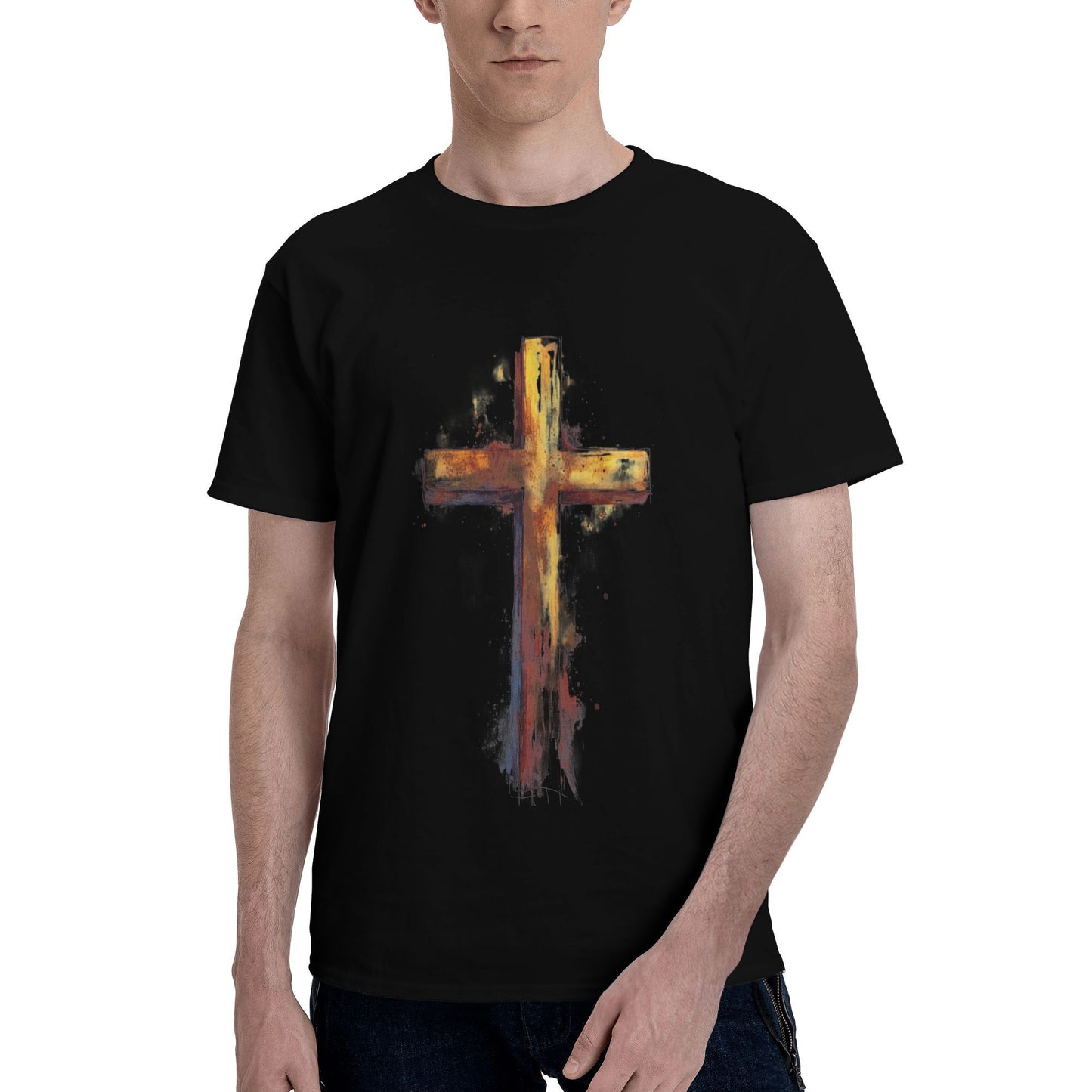 Men's Short  Sleeve Cross Print Crewneck Cotton T Shirt Tee Shirts