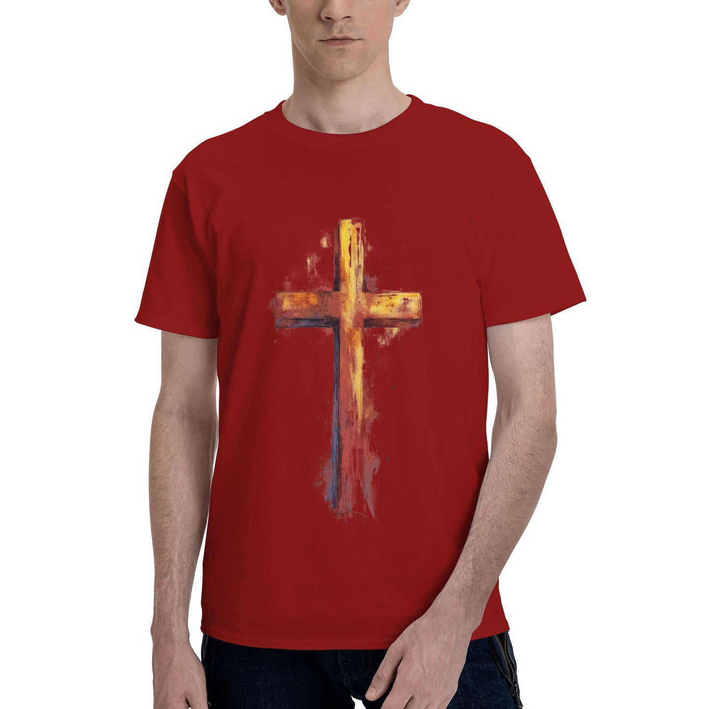 Men's Short  Sleeve Cross Print Crewneck Cotton T Shirt Tee Shirts