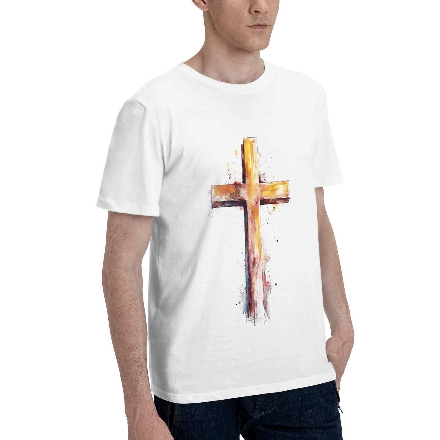 Men's Short  Sleeve Cross Print Crewneck Cotton T Shirt Tee Shirts