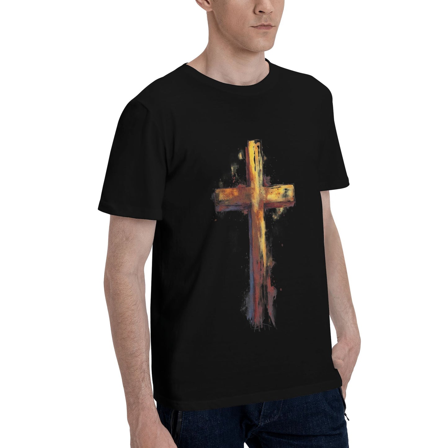 Men's Short  Sleeve Cross Print Crewneck Cotton T Shirt Tee Shirts