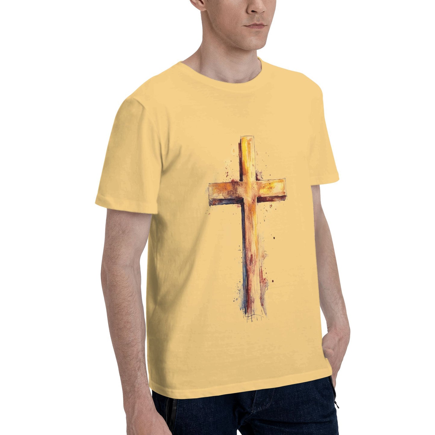 Men's Short  Sleeve Cross Print Crewneck Cotton T Shirt Tee Shirts