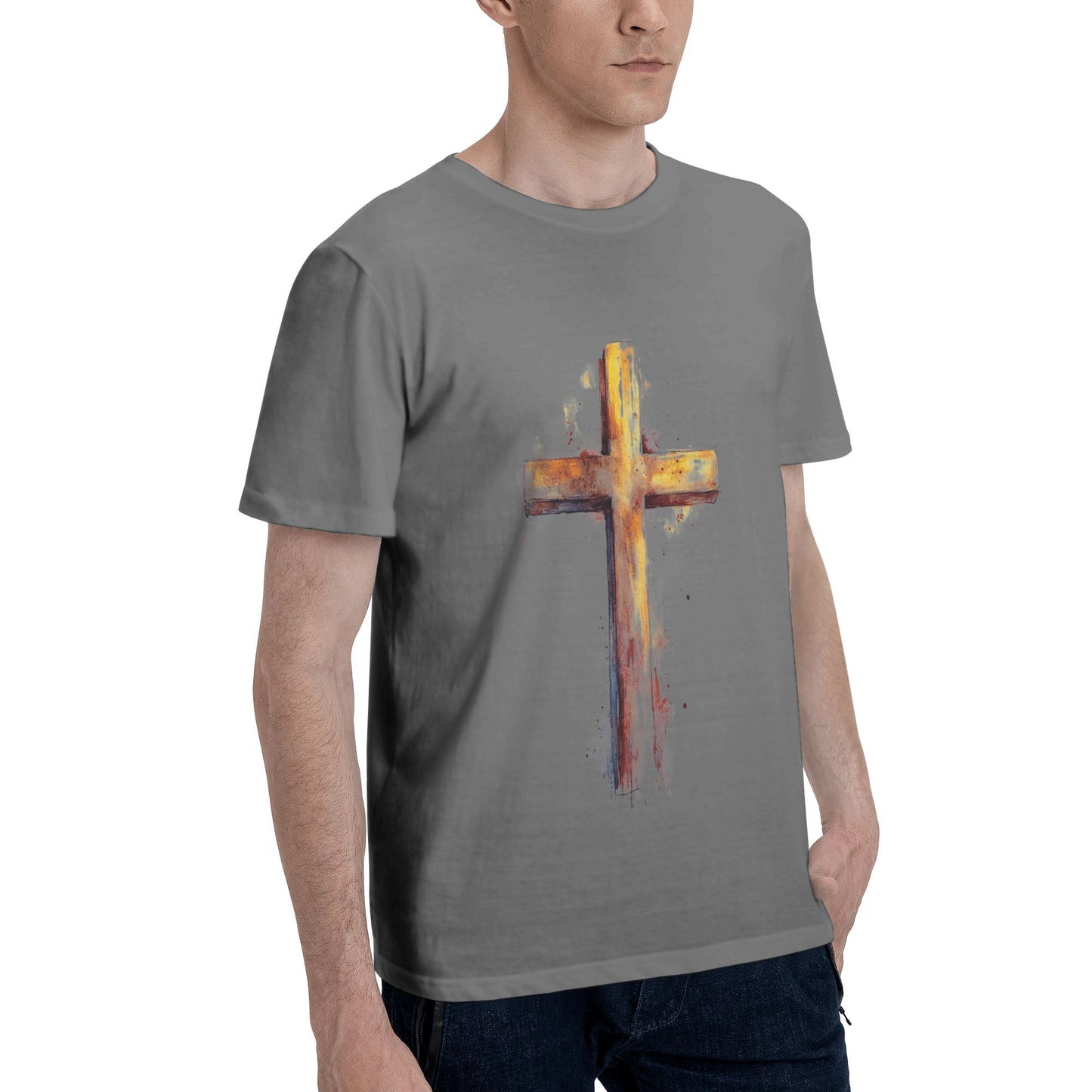 Men's Short  Sleeve Cross Print Crewneck Cotton T Shirt Tee Shirts