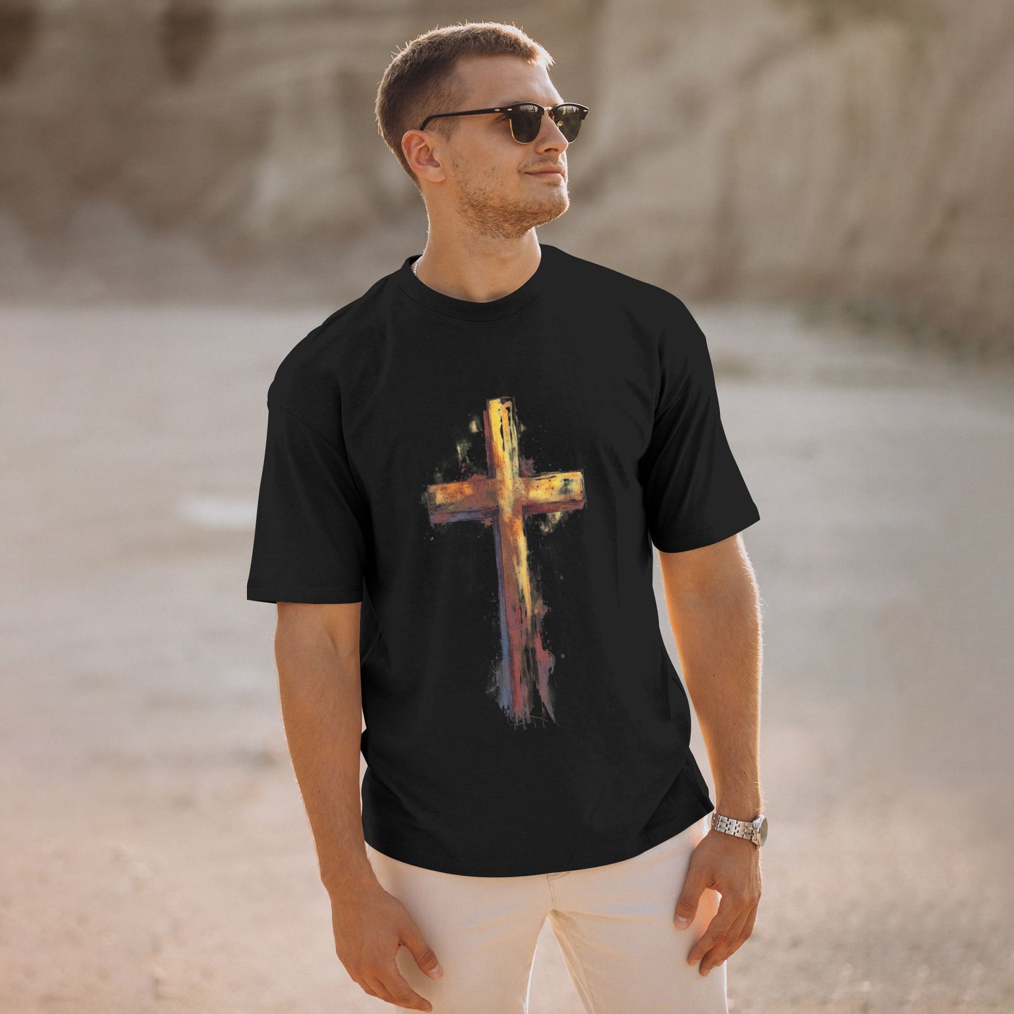 Men's Short  Sleeve Cross Print Crewneck Cotton T Shirt Tee Shirts