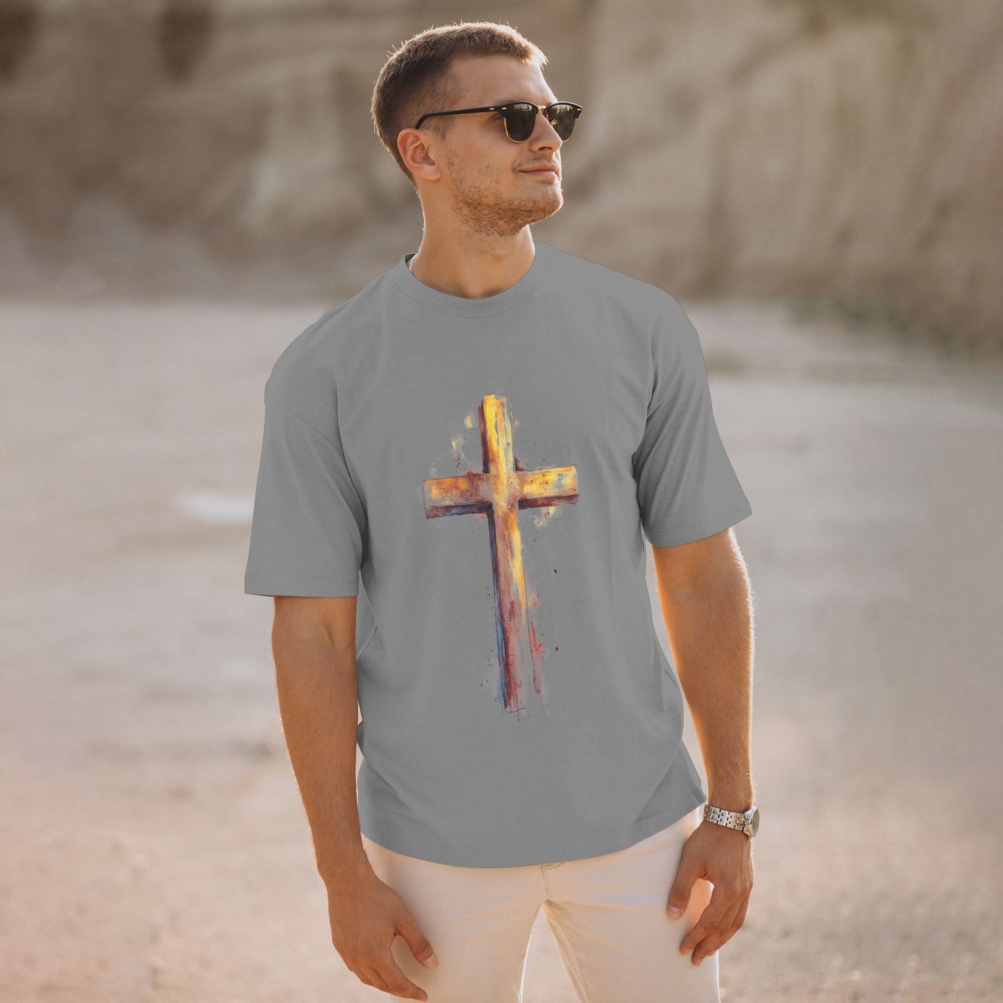 Men's Short  Sleeve Cross Print Crewneck Cotton T Shirt Tee Shirts